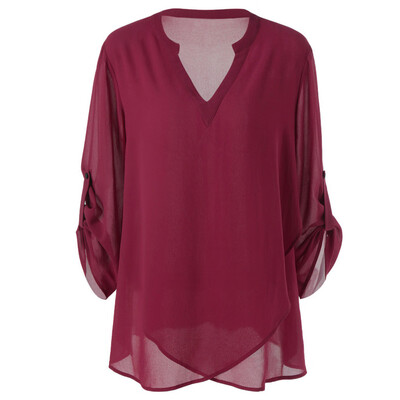 

Roseonmyhand Fashion Womens Plus Size V-Neck Adjustable Sleeve Chiffon Solid Blouse Top Shirt