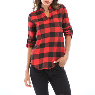 

Women V-Neck Plaid Blouse Long Sleeve Fashion Single Breasted Top Plus Size