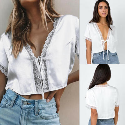 

Womens Sexy Short Sleeve Lace Shirt Club Party Evening Summer Crop Tops Blouses