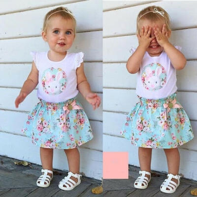

Easter Toddler Baby Girls Ruffle Lace Rabbit Tops Floral Print Skirt Outfits Set
