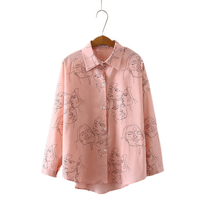 

Female Cotton Face Printing Full Sleeve Lapel Shirts Women Tops Ladies Clothing blusa feminina 2019 New Autumn Blouse Shirt