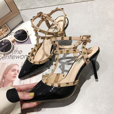 

French girl high-heeled shoes summer fine&pointed black sexy single-layer metal wicker sandal