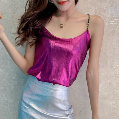 

Womens Metallic Shiny Chain Loose Tops U Neck Camisole Tank Tops Party Clubwear
