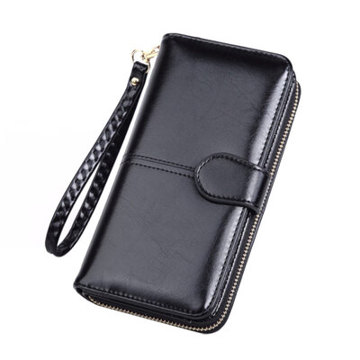 

Fashion Women Solid Color Waxy Leather Long Zipper Wallet Phone Holder Purse