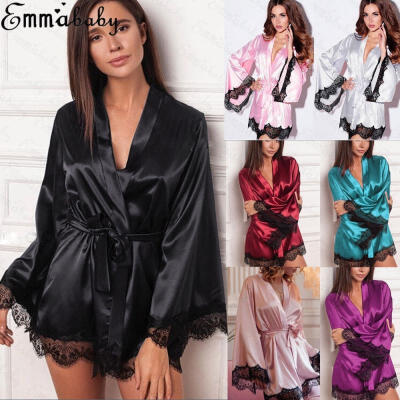 

Sexy Bride Long Women Lace Floral Kimono Robe Satin Silk Night Dressing Gown