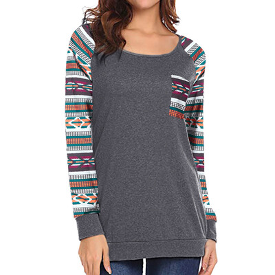 

Nomeni Women Fashion Long Sleeve Pocket Printed Patchwork Blouse Tops Clothes T Shirt