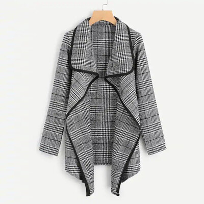 

Toponeto Fashion Women Outwear Long Sleeves Plaid Lapel Irregular Cardigan Woolen Coat