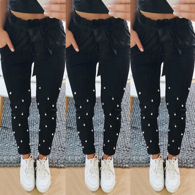 

Tailored Women Elastic Waist Black Mosaic Pearl Pockets Sashes Ankle Pants Trousers