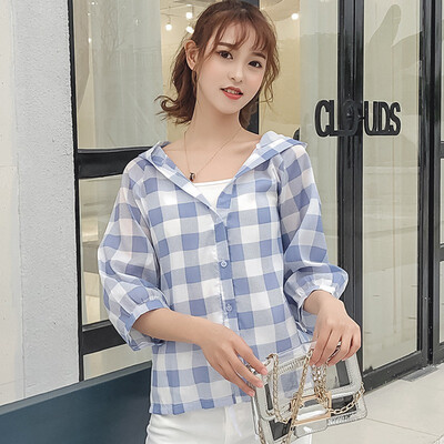 

Women Blouses Long Sleeve Shirts Cotton Plaid Hooded Shirt Casual Female Blouse Tops