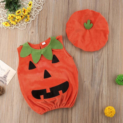 

Newborn Baby Girl Boy Sleeveless Pumkin Vest Hat Kids Halloween Clothes Set