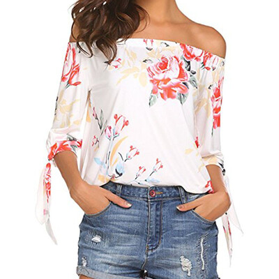 

Nomeni Women Floral Print Off Shoulder T-Shirt Short Sleeve Casual Tops Blouse BKL