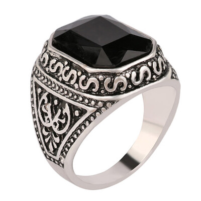

Men Ring Silver Square Big Stone Vintage Couple Finger Resin Ring Hommes Carved Jewelry Accessories Retro Punk Male Ring Black
