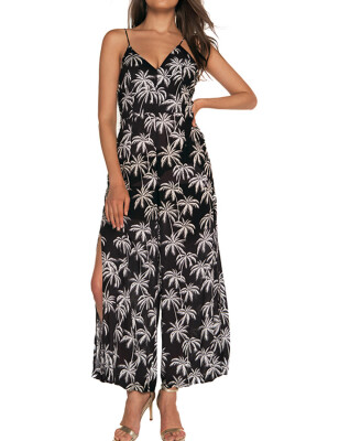 

Summer Fashion Sexy V-Collar Black And White Coconut Tree Printed Sling Jumpsuits Wide Leg Pants Women Rompers Trousers