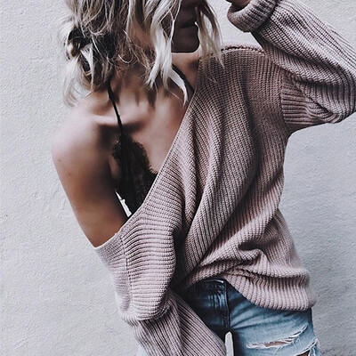 

〖Follure〗Women Deep V Neck Loose Casual Solid Color Knitted Pullover And Sweater