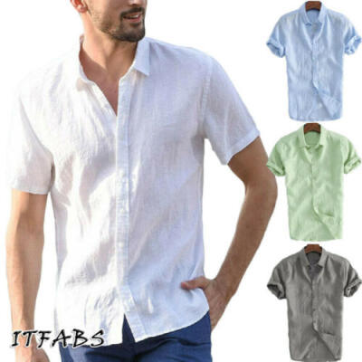 

Summer Men Short Sleeve Casual Loose Linen T-shirt Dress Shirt Blouse Tops Tee