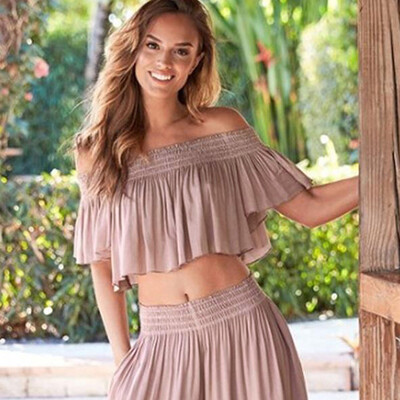 

Nomeni Fashion Womens Elastic Off Shoulder Ruffles Flare Sleeve Blouse Tops T-Shirt