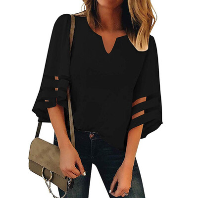 

Starmoon Womens V Neck Mesh Panel Blouse 34 Bell Sleeve Casual Loose Top Shirt