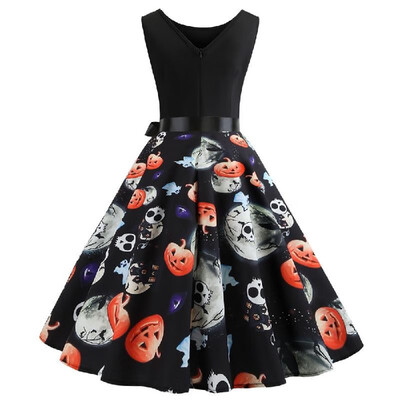 

Z1135 Cross-border Halloween retro womens round neck sleeveless black upper body stitching skull print large swing skirt black XX
