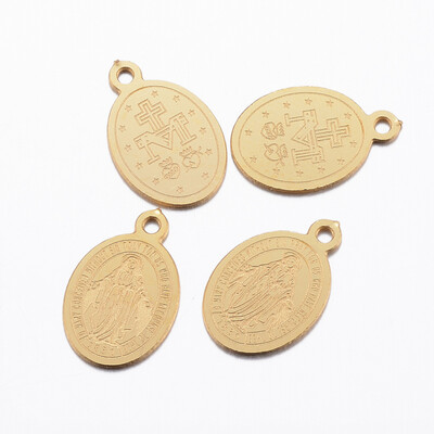 

304 Stainless Steel Charms Oval with Virgin Mary Golden 14x9x08mm Hole 1mm