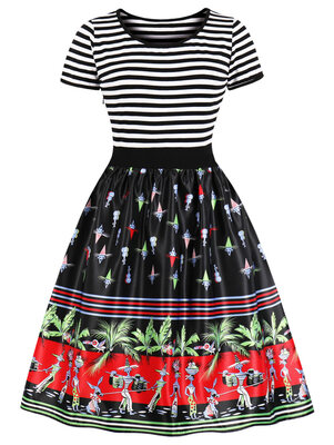 

Tribe Print Striped Panel A Line Dress