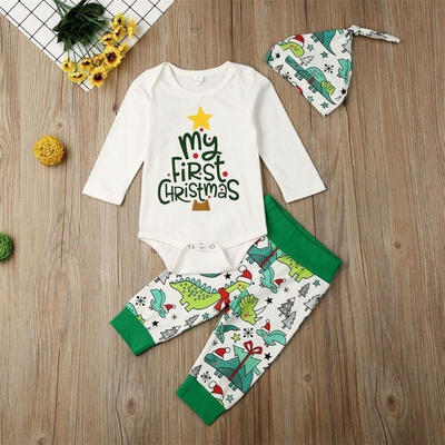 

Christmas 3PCS Newborn Baby Clothes My First Xmas Dinosaur Romper Outfit Sets Long Sleeved Bodysuit Jumpsuit Tops Pants He