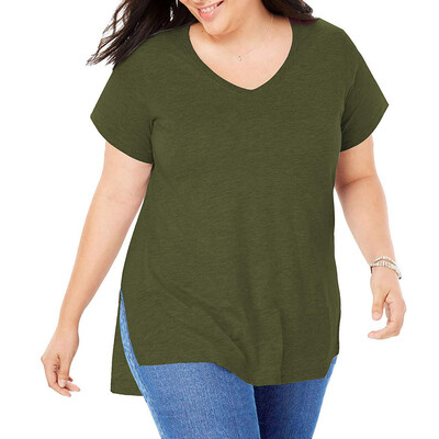 

Nomeni Womens Plus Size Casual Short Sleeve Shirt V-neck Loose Slit Shirt T-shirt
