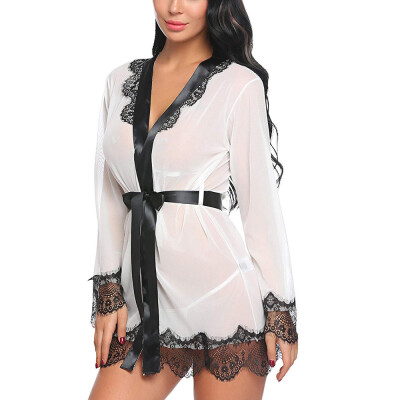 

Toponeto Women Sexy Lace Patchwork Long Sleeve Nightgown Bath Robe Lingerie With Belt