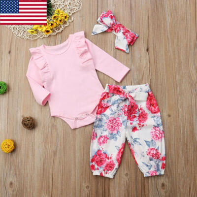 

US Newborn Kid Baby Girl 3pcs Clothes Jumpsuit Romper Long Pants Headband Outfit