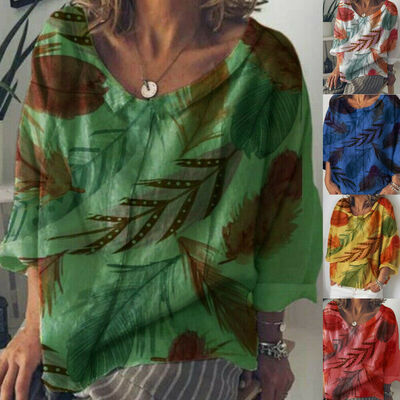 

Boho Womens T-Shirt Crew Neck Floral Long Sleeve Shirts Autumn Baggy Blouse Tops