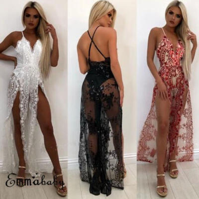 

Women Lace Sheer See Through Deep-V Bodycon High Waist Party Gown Long Dress