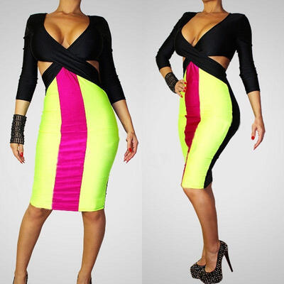 

Fashion New Arrival Sexy Ladies Long Sleeve Expose Navel Hollow Out Bodycon Slim Bandage Cocktail Pencil Dress
