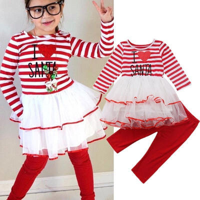 

2018 Newborn Kids Baby Girls Christmas Stripes Dress Top Pants Outfits Set Clothes