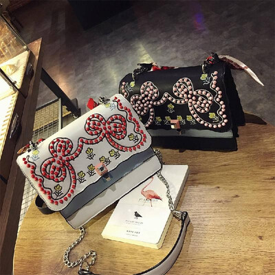 

Fashion Women Embroidery Crossbody Bag Messenger Bag Rivet Shoulder Bag PU Leather Bag BlackWhite