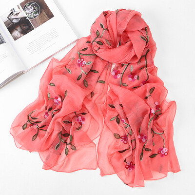 

2018 new ten miles peach chiffon flower embroidered silk scarf female travel photo sunscreen beach shawl wholesale