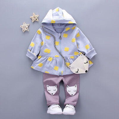 

Toddler Baby Girls Long Sleeves Print Hooded Coat Tops Solid Fox Pants Bag Sets