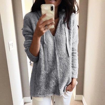 

Womens Soft Fleece V-Neck Zip Hooded Jumper Hoody Jacket Coat Warm Tops Fashion
