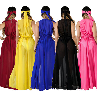 

Women Chiffon Long Cardigan Sleeveless Split Drawstring Waist Loose Maxi Bikini Cover Ups Dress Beachwear
