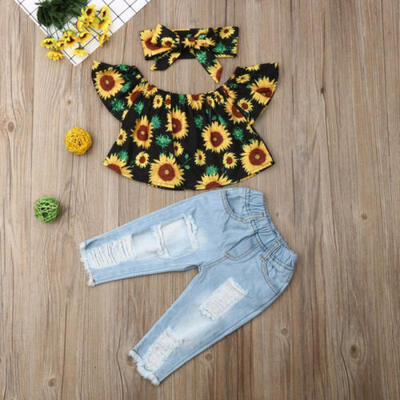 

3PCS Toddler Kids Baby Girl Off Shoulder Tops Denim Hole Pants Outfits Clothes