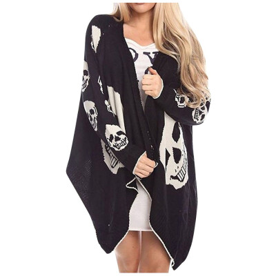 

Toponeto Womens Fashion Halloween Skull Print Loose Irregular Long Sleeve Cardigan Coat