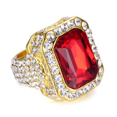 

Fashion Micro Pave Crystal Big Red Black Green Blue Stone Square Gold Color Stainless Steel Men Ring