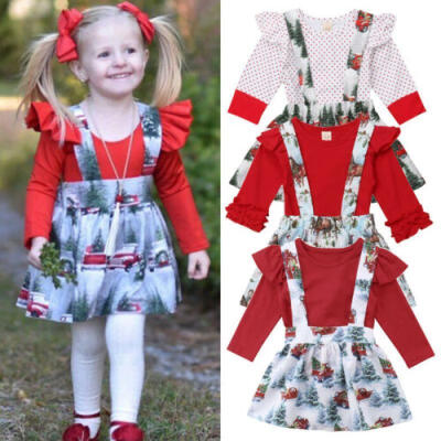 

US Christmas Newborn Kid Baby Girl Clothes RomperOverall Skirts Outfits Set