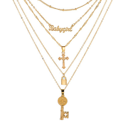 

2019 Bohemian Women Necklace Lettering&Cross Design Lock Pendant Gold Chain Set Women Fashion Valentines Day Gift Jewel