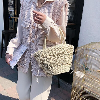 

Boho Women Handbag Crochet Straw Woven Rattan Drawstring Fastening Hollow Out Beach Holiday Bag