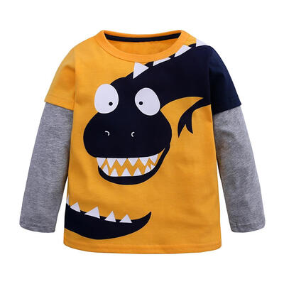 

Kids Cotton Boy O-Neck T-shirt Cute Dinosaur Splicing Color Basic Soft Tops