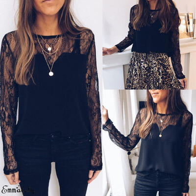 

New Women Lace Crochet Mesh Long Sleeve Loose Casual Blouse Tops T-Shirt