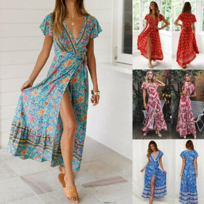 

Women Boho Floral Long Maxi Dress Evening Party Beach Dresses Summer Sundress
