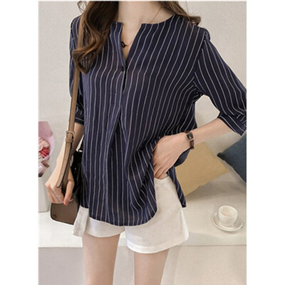 

Womens Business Casual Stripes Tops 34 Sleeve Button Crew Neck Loose Blouse