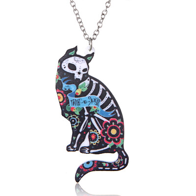 

Handmade Colorful Double Side Acrylic Printing Flower Eagle Cat Bird Pendant Necklace For Women Costume Sweater Chain Jewelry