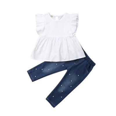 

SUNSIOM Cute Kids Baby Girl Sleeveless Tops Shirt Pearl Denim Pants Jeans Outfits