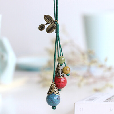 

Retro Ethnic Ceramic Bead Leaf Pendant Long Chain Sweater Necklace Women Jewelry